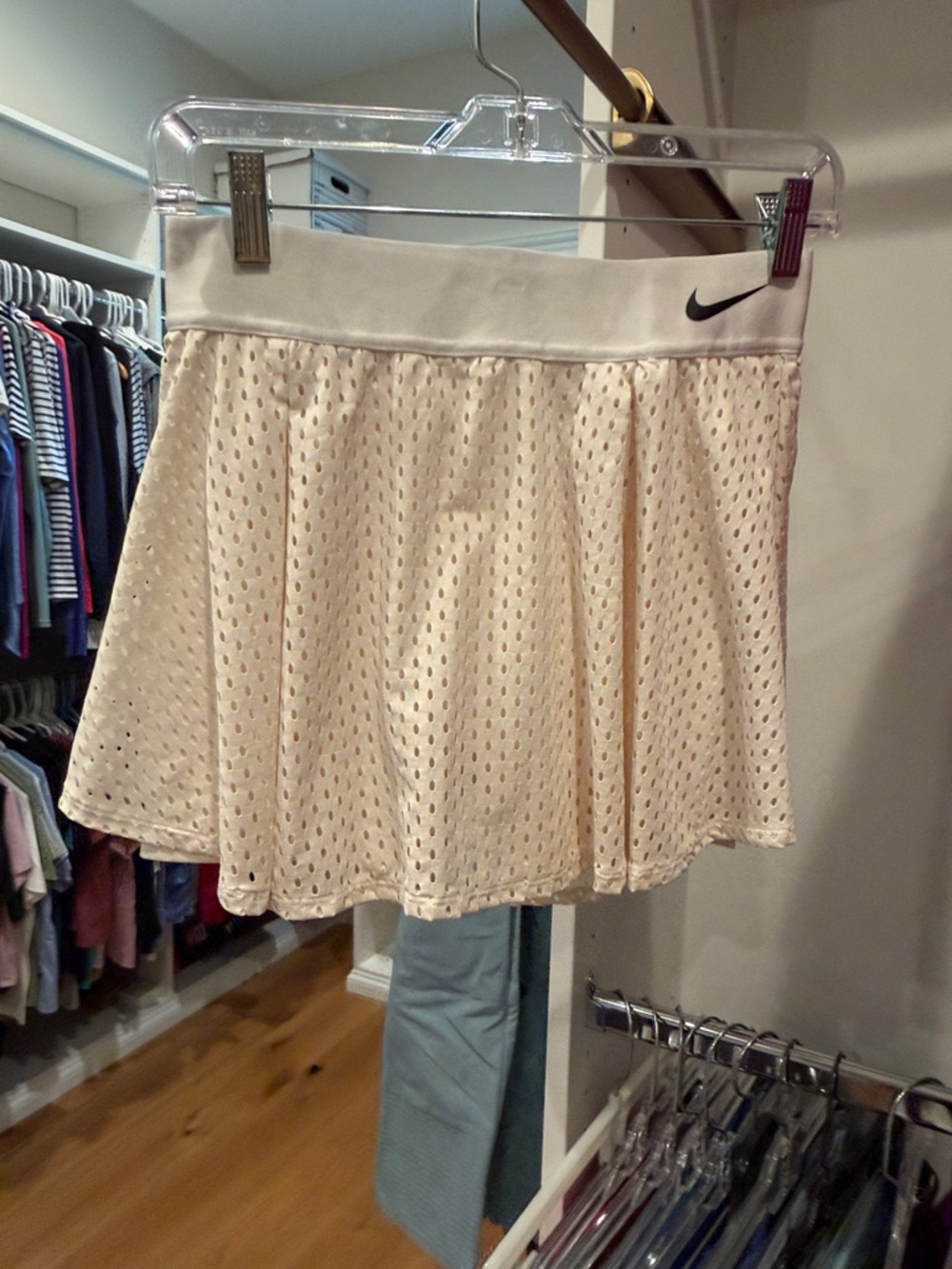 Nike Cream Mesh Skater Tennis Skirt with Elastic Waistband and undershirts.
